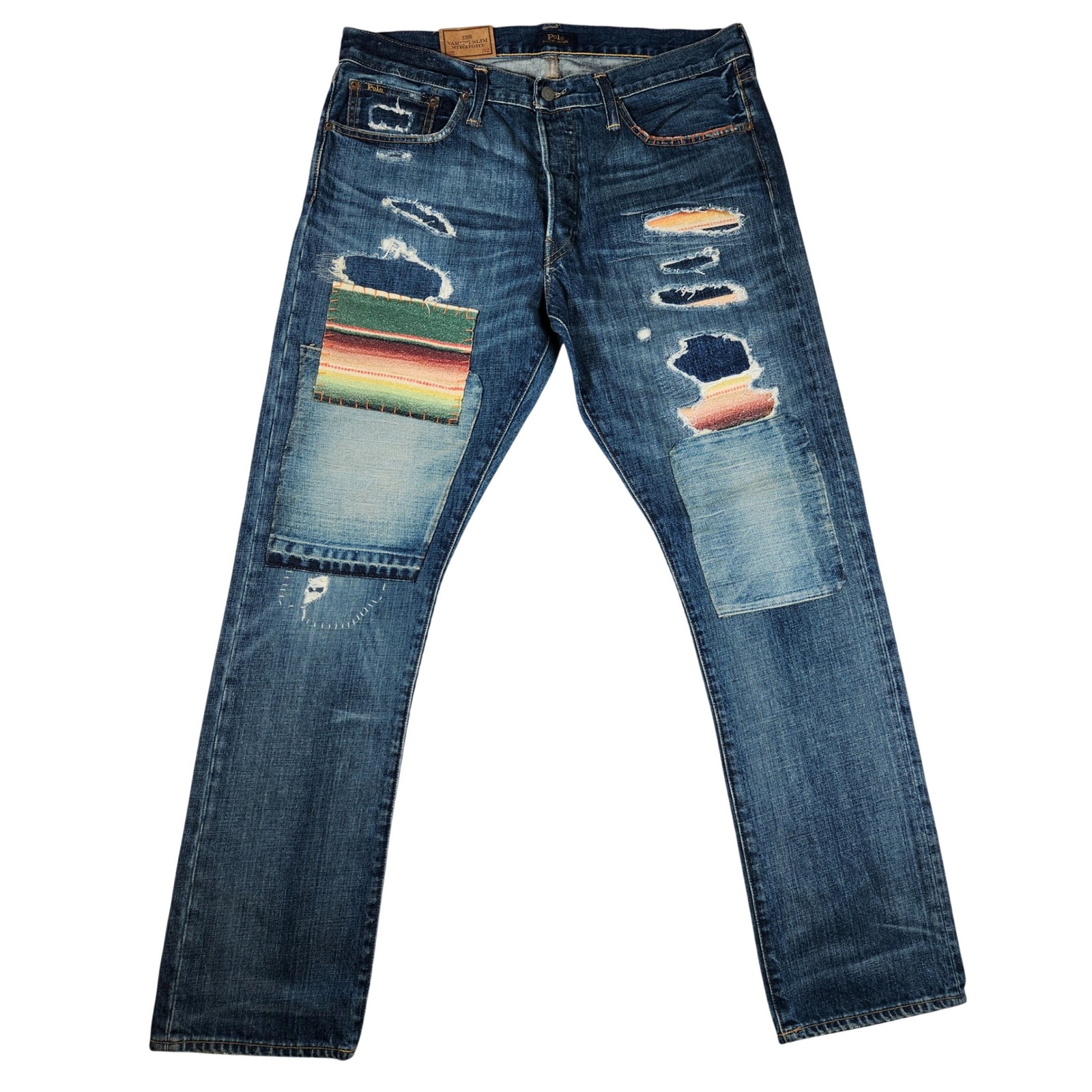 New Polo Ralph Lauren Varick Slim Straight Patchwork Jeans 35x32 Rare